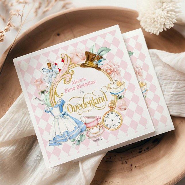 Alice Wonderland Tea Party, Girl 1st birthday  Pappersservett (Pink Alice's First Birthday in ONEderland, Girl's 1st Birthday Party Napkins.)