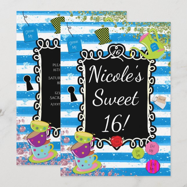 Alice Wonderland Tea Party Heart Ram inbjudningar (Fram/baksida)