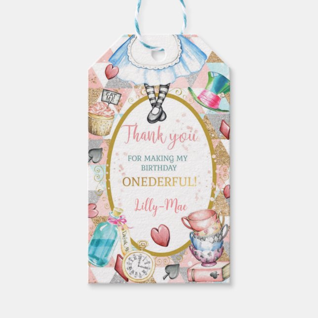 Alice wonderlands galna hattertefest gynnar märkre presentetikett (Framsidan)