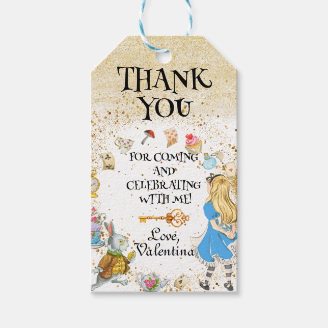 Alice's Wonderland Tea Party Birthday Tack Presentetikett (Framsidan)