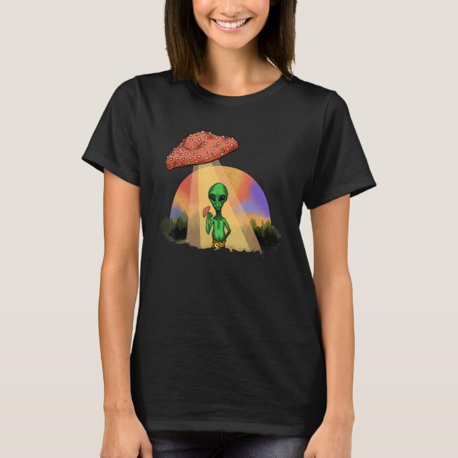 Alien Abducted UFO Mushroom Psychedelic Trippy Out T Shirt (Framsida)