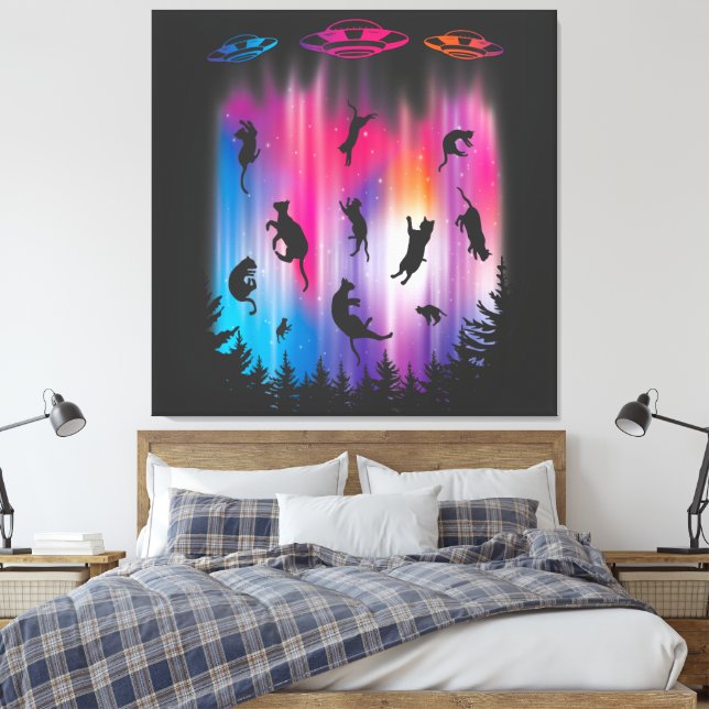 Alien Abduction Cat Flies Saucer Funny UFO Canvastryck (Insitu (sovrum))