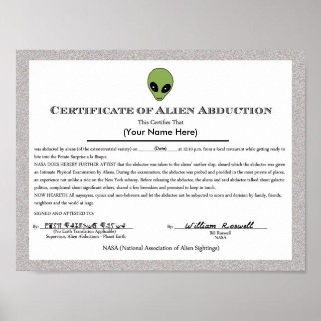 Alien Abduction Certificate Poster (Framsidan)