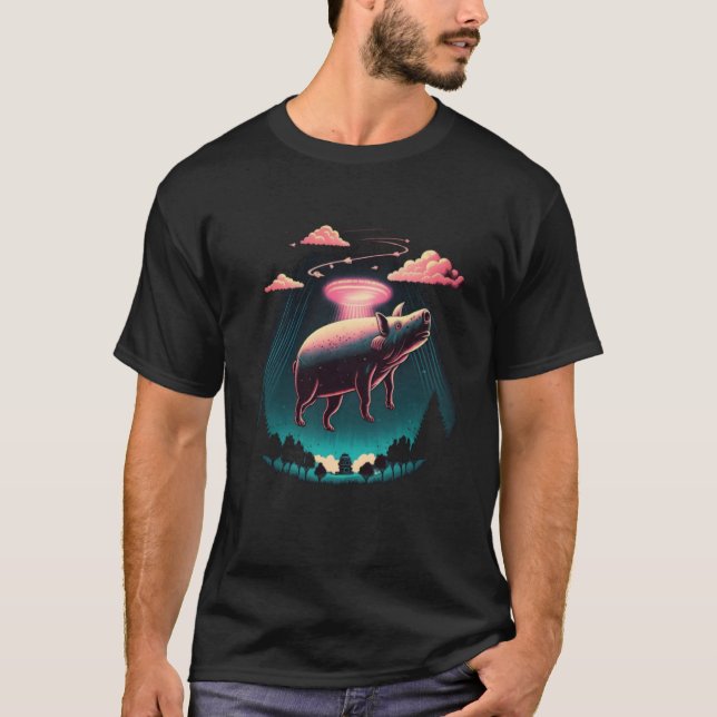 Alien Abduction Pig UFO Spaceship Extraterrestrial T Shirt (Framsida)