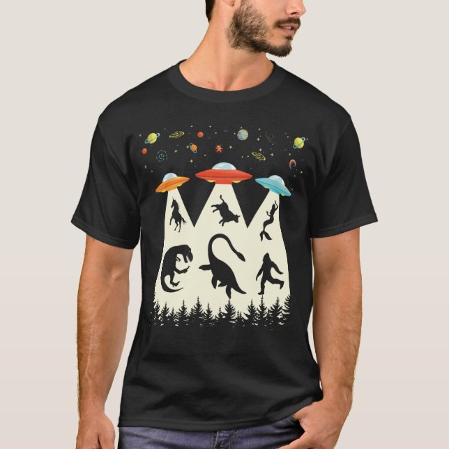 Alien Abduction T-Rex Loch Ness Bigfoot Funny T Shirt (Framsida)