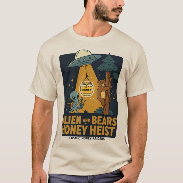 Alien and Bears HonHeist - Lustigt UFO & Bear T Shirt (Framsida)