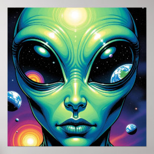 Alien Ansikte med planetreflexioner i Ögon Poster