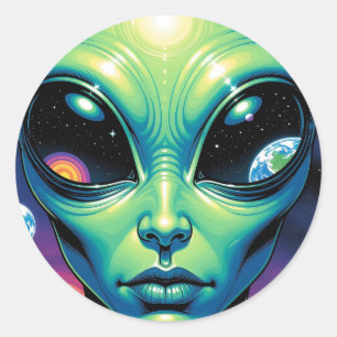 Alien Ansikte med planetreflexioner i Ögon Runt Klistermärke