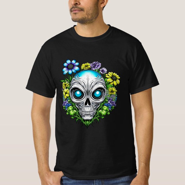 Alien Ansikte och Flowers Ai Art T Shirt (Framsida)