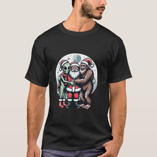 Alien Bigfoot och Jultomten Retro Funny Christma T Shirt (Framsida)