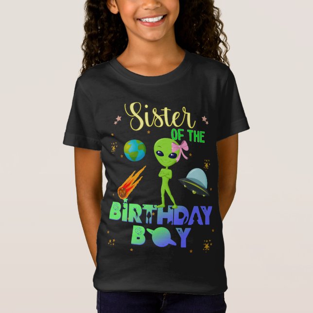 Alien Birthday Boy Party Theme Spaceship Sister T Shirt (Framsida)