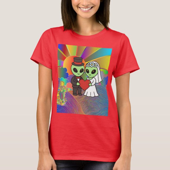 Alien Bride and Groom Retro Neon Galactic Wedding  T Shirt (Framsida)
