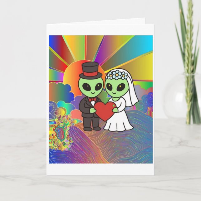 Alien Bride and Groom Wedding Retro Neon  Tack Kort (Framsida)