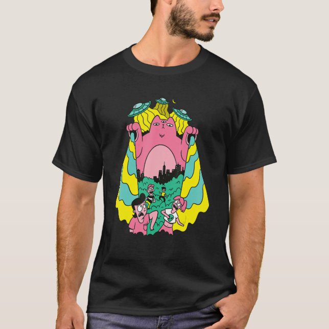 Alien Cat Abducing People Ufo T Shirt (Framsida)