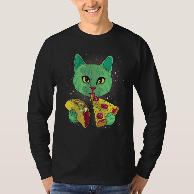 Alien Cat Funny Eat Pizza Taco Space Cats Kattunge T Shirt (Framsida)