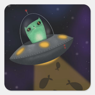 Alien Cat Fyrkantigt Klistermärke