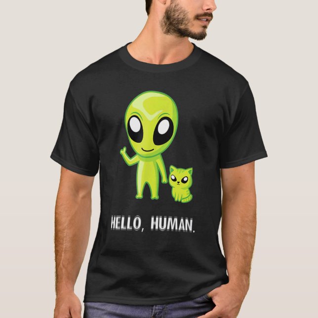 Alien Cat Hej Human Ufo Kitten T Shirt (Framsida)
