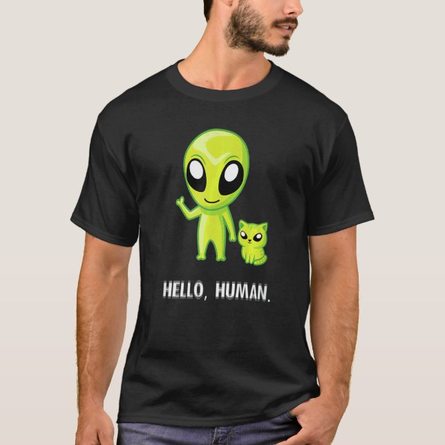 Alien Cat Hej Human Ufo Kitten T Shirt (Framsida)
