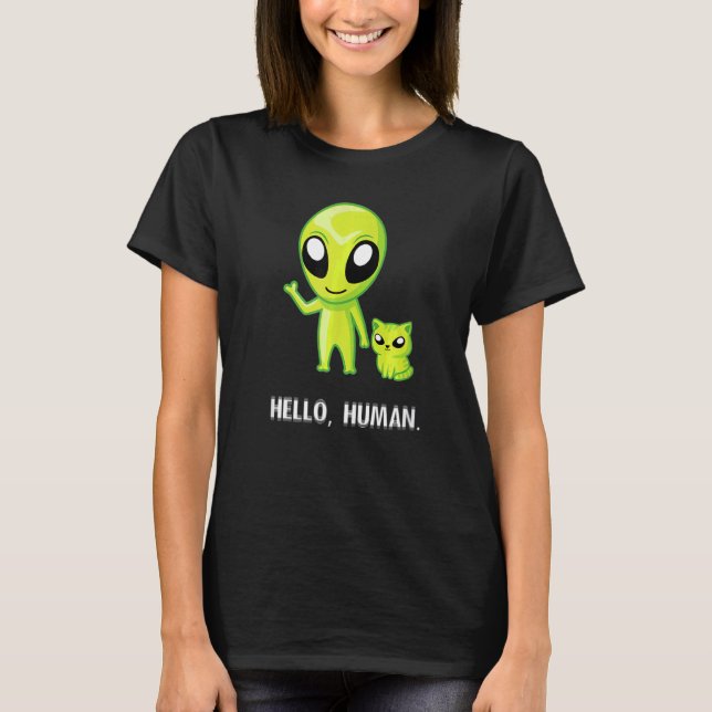 Alien Cat Hej Human Ufo Kitten T Shirt (Framsida)
