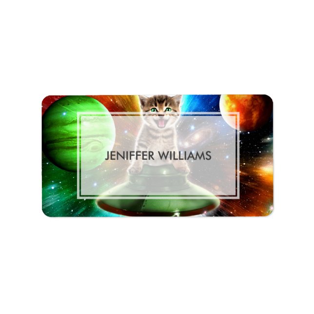 Alien cat in the ufo saucer adressetikett (Framsidan)