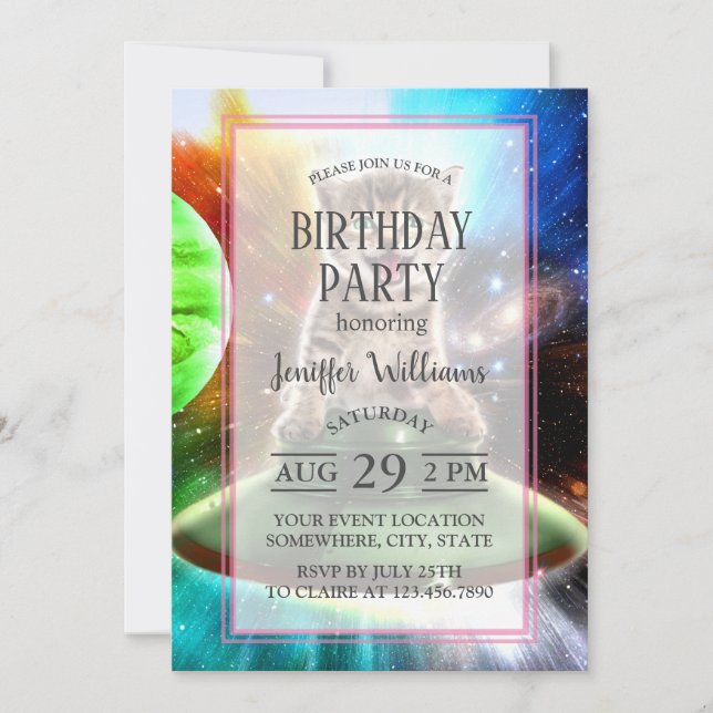 Alien cat in the ufo saucer inbjudningar (Framsida)