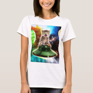 Alien cat in the ufo saucer t shirt