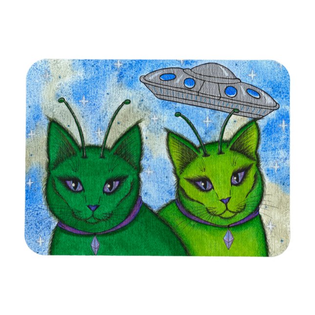 Alien Cats UFO Space Fantasy Cat Art Magnet (Horisontell)