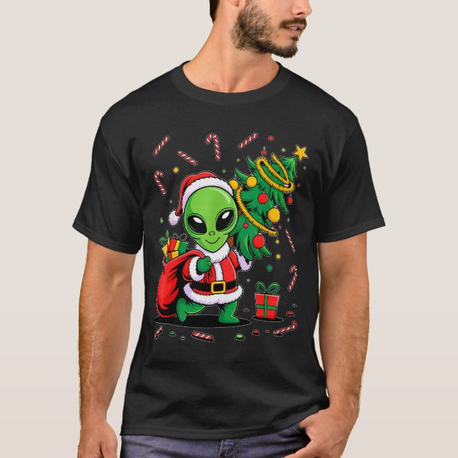 Alien Christmas Tree Lights Xmas Funny Alien  T Shirt (Framsida)