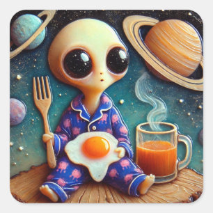 Alien Coffee och Eggs Fyrkantigt Klistermärke