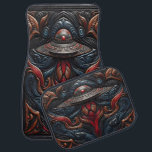 Alien Craft Amid Vibrant Mönster Bilmatta<br><div class="desc">En slående främmande rymdfarkost rymmer över en svår bandkonst med snurrande färg och former. Scenen är full av rikens löv och djärva motiv som skapar en harmonisk blandning av natur och annan världslig teknik.</div>