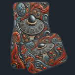 Alien Craft Gliding through Bright Cosmos Bilmatta<br><div class="desc">I en snurrande kosmisk tapesi,  en mycket designad UFO-hovrar i färgstarka celestialkroppar. Glädjande  och djupa blues intertwine,  skapande en mässande bakgrund när båten fångar ljuset,  vilket ger upphov till nyfikenhet om dess ursprung och syfte.</div>