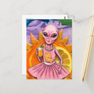 Alien Dam vid Rosa med Orange Juice Orange Sol Vykort