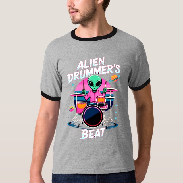 Alien Drummers Beat T-shirt - Funky Alien Graphic (Framsida)