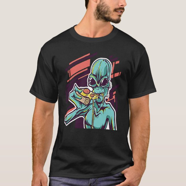 Alien Eating Pizza Modern UFO Martian T Shirt (Framsida)