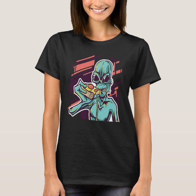 Alien Eating Pizza Modern UFO Martian T Shirt (Framsida)