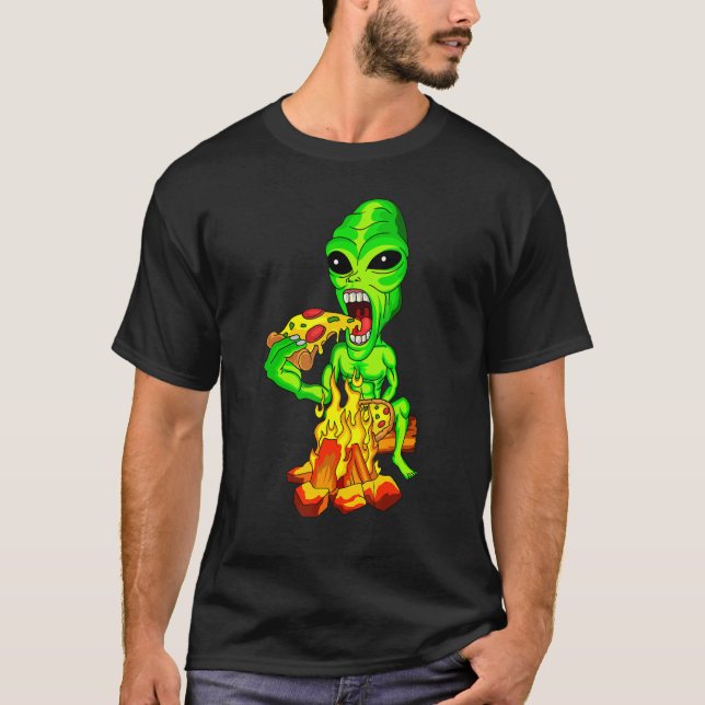 Alien Eating Pizza UFO Extraterrestrial T Shirt (Framsida)