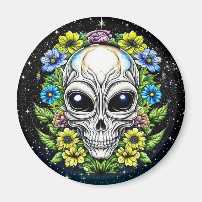 Alien Extraterrestrial med Blue Ögon och Flowers Magnet (Framsidan)