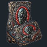 Alien Figur Amid Cosmic Design Bilmatta<br><div class="desc">En annan världslig varelse med stort,  uttryckligt ögon och en slingrande form kommer från svårbegripliga mönster och kosmiska motiv.</div>