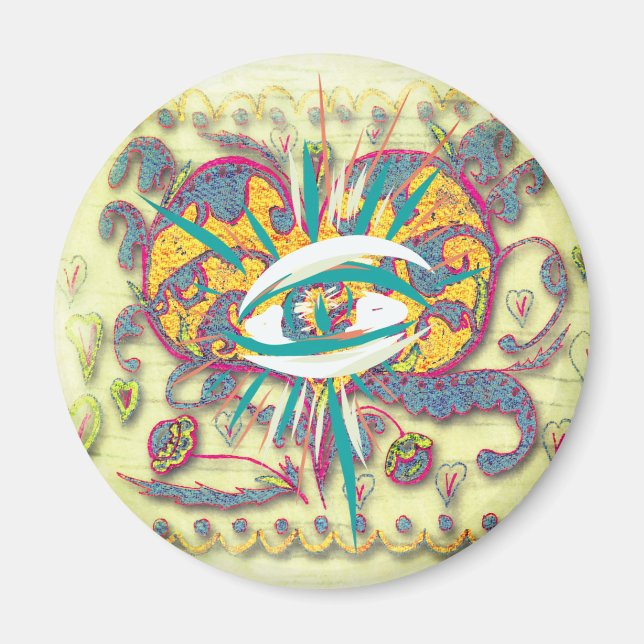 Alien FolkArt Heart med öga, löv, blommor Magnet (Framsidan)