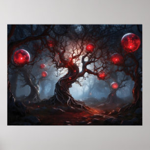Alien Forest, Twisted Träd, Glowing Red Orbs Poster