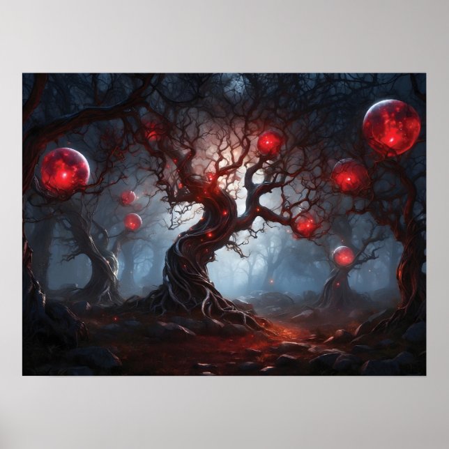 Alien Forest, Twisted Träd, Glowing Red Orbs Poster (Framsidan)