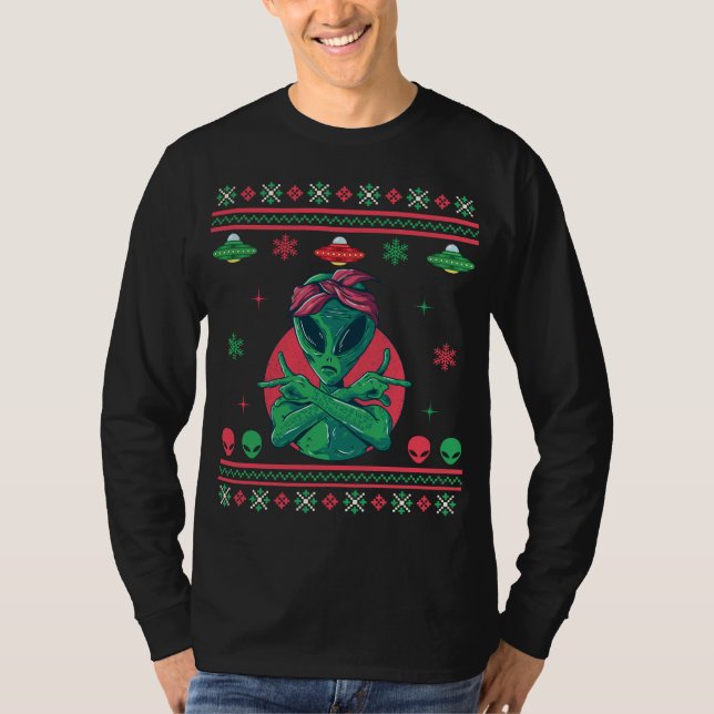 Alien Gangster UFO Ugly jul Sweater T Shirt (Framsida)