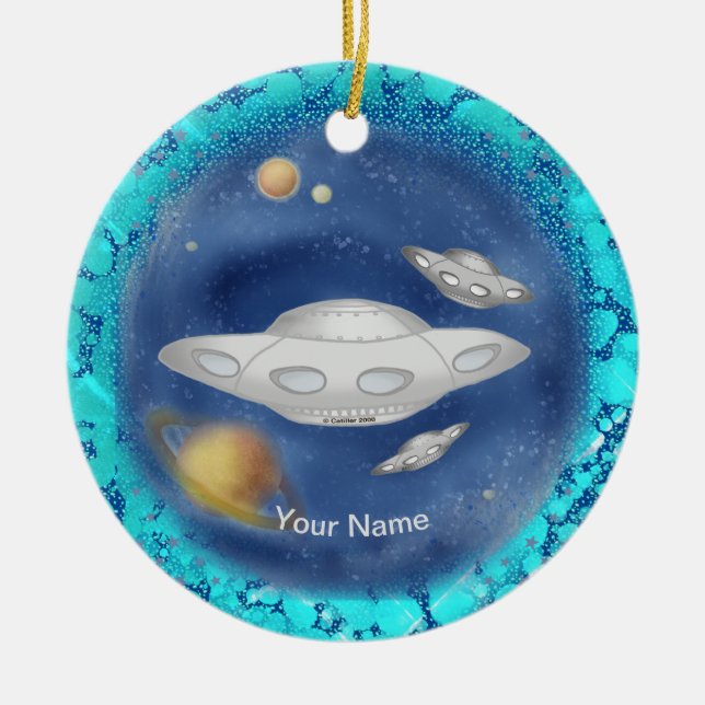 Alien Grå Rymdskepp anpassat namn Ornament (Framsidan)