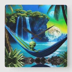 Alien Hammock på Beach Vacation Time Fyrkantig Klocka