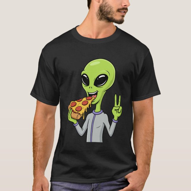 Alien Head Eating Pizza UFO Extraterrestrial Snack T Shirt (Framsida)