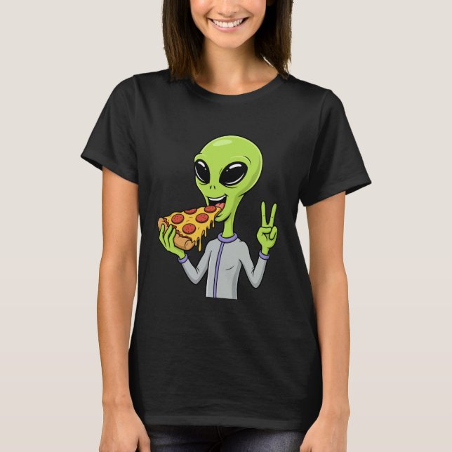 Alien Head Eating Pizza UFO Extraterrestrial Snack T Shirt (Framsida)
