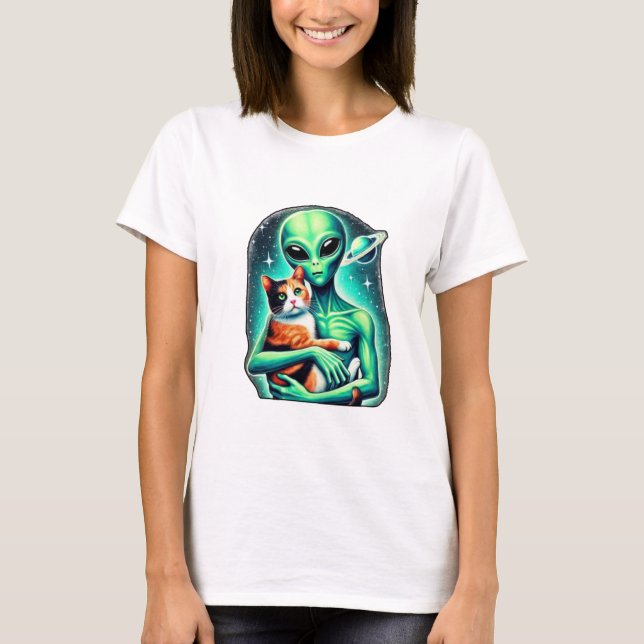 Alien Holding Calico Cat T Shirt (Framsida)