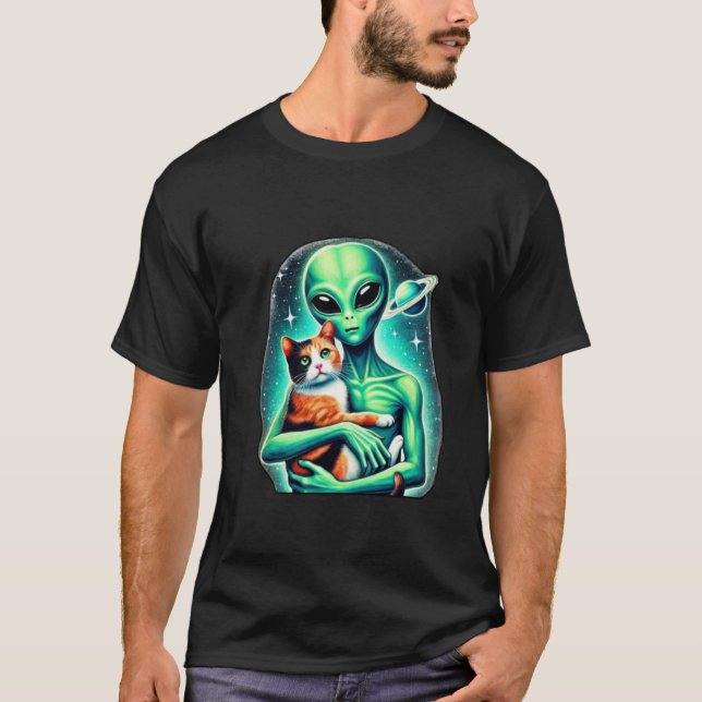 Alien Holding Calico Cat T Shirt (Framsida)
