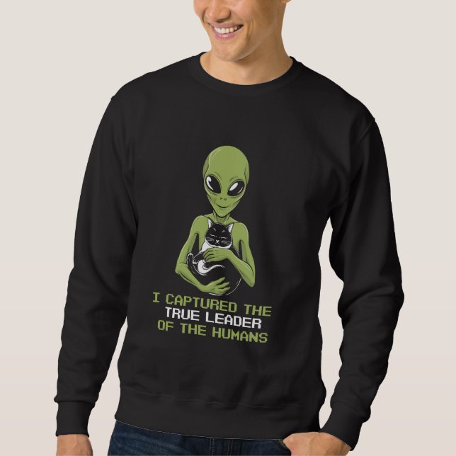 Alien Holding Cat Funny I fångade den mänskliga le Lång Ärmad Tröja (Framsida)
