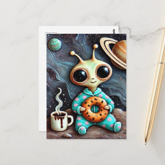 Alien i Blue PJs med kaffe och Bagel Vykort (Fram/Back In Situ)